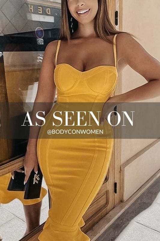 Woman wearing a figure flattering  Joy Bandage Midi Dress - Sun Yellow Bodycon Collection