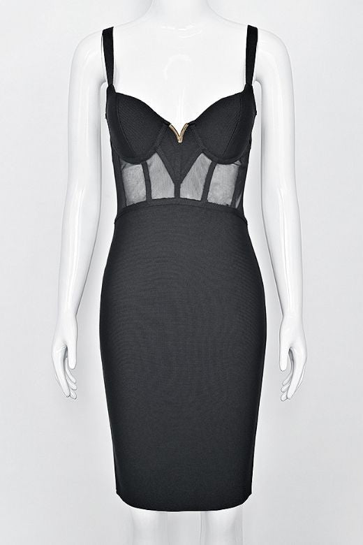 Woman wearing a figure flattering Juliette Bodycon Dress - Classic Black Bodycon Collection