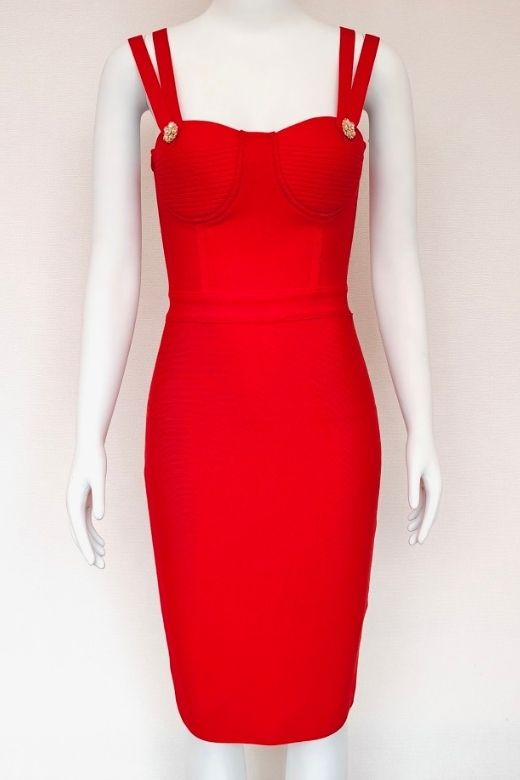 Woman wearing a figure flattering Kate Bandage Dress - Lipstick Red Bodycon Collection