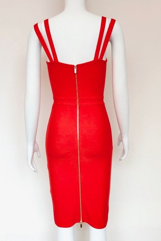 Woman wearing a figure flattering Kate Bandage Dress - Lipstick Red Bodycon Collection