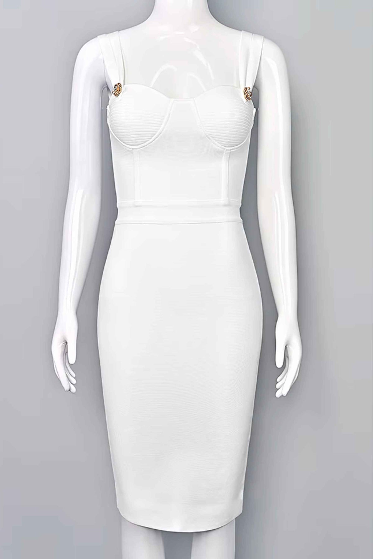 Woman wearing a figure flattering Kate Bandage Dress - Pearl White Bodycon Collection