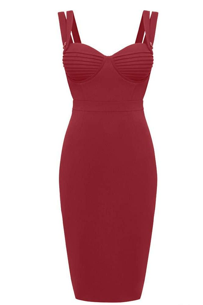 Woman wearing a figure flattering Kate Bandage Dress - Red Wine Bodycon Collection
