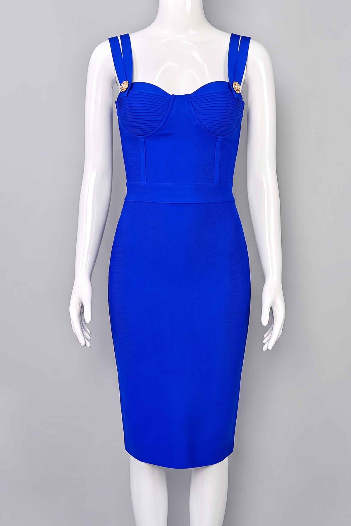 Woman wearing a figure flattering Kate Bandage Dress - Royal Blue Bodycon Collection