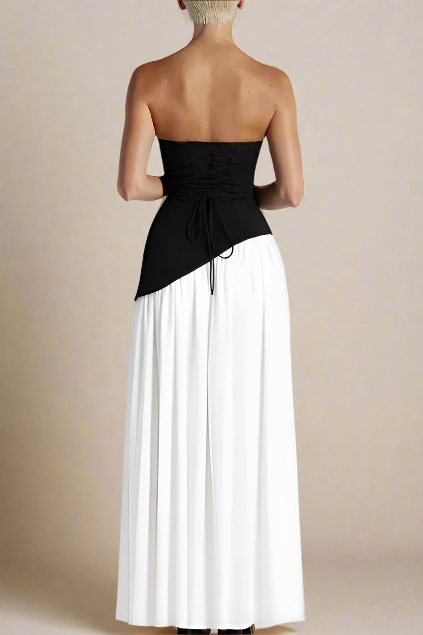 Woman wearing a figure flattering Kellie Bodycon Maxi Dress - Black & White BODYCON COLLECTION
