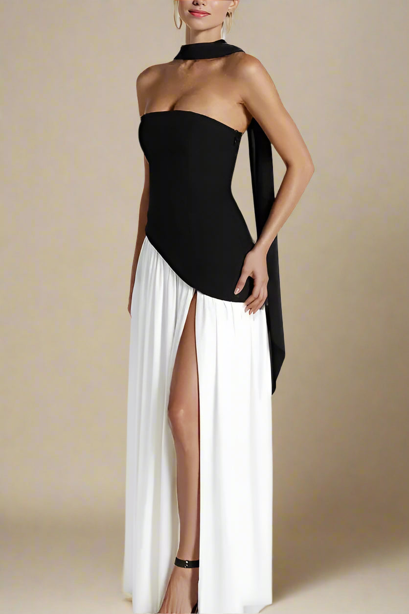 Woman wearing a figure flattering Kellie Bodycon Maxi Dress - Black & White BODYCON COLLECTION