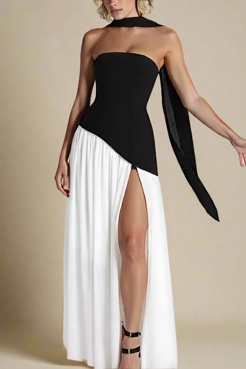 Woman wearing a figure flattering Kellie Bodycon Maxi Dress - Black & White BODYCON COLLECTION