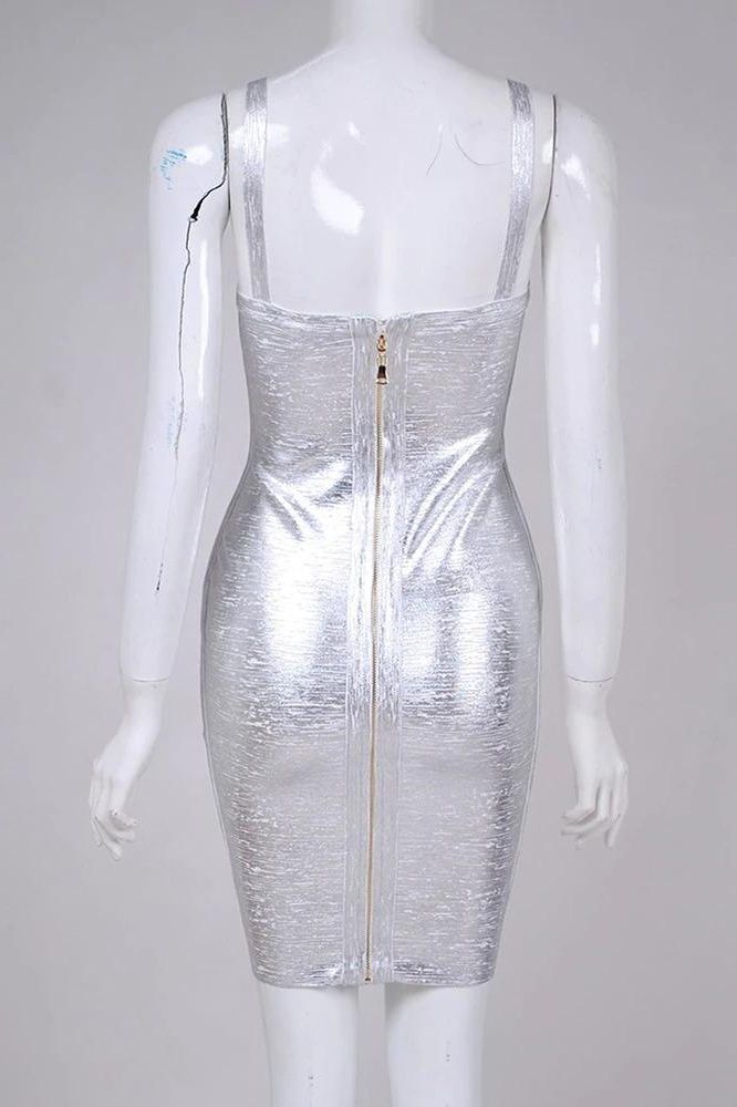 Woman wearing a figure flattering  Kit Bandage Dress - Silver Bodycon Collection