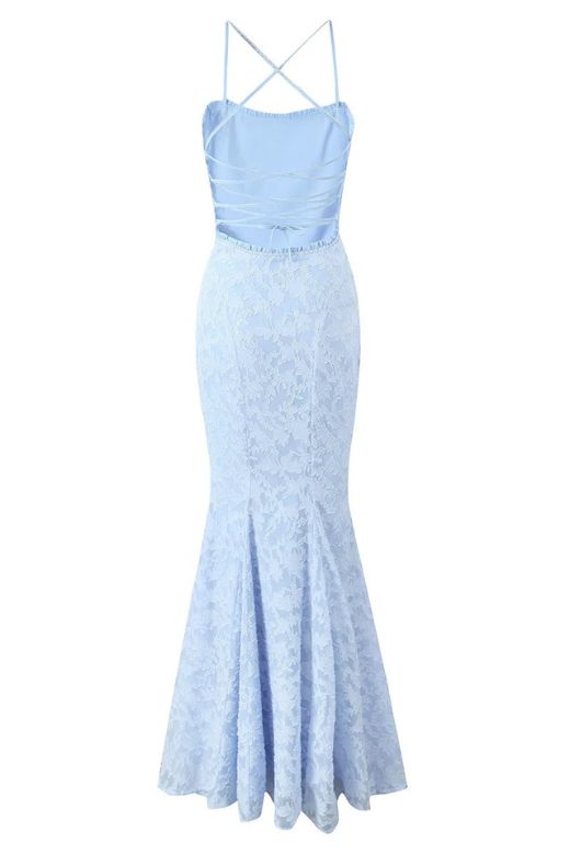 Woman wearing a figure flattering  Kora Bodycon Maxi Dress - Baby Blue BODYCON COLLECTION