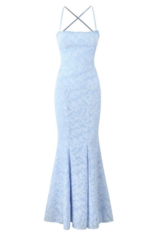 Woman wearing a figure flattering  Kora Bodycon Maxi Dress - Baby Blue BODYCON COLLECTION