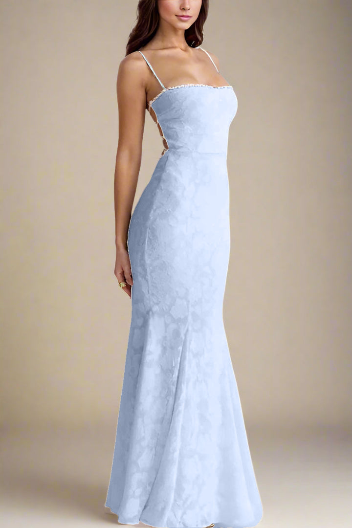 Woman wearing a figure flattering  Kora Bodycon Maxi Dress - Baby Blue BODYCON COLLECTION