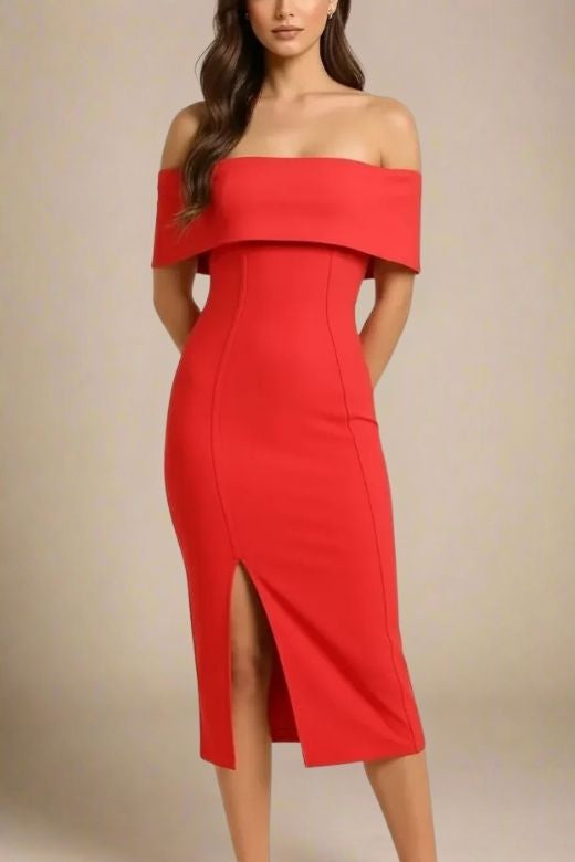 Woman wearing a figure flattering Kristina Bodycon Dress Dress - Lipstick Red BODYCON COLLECTION
