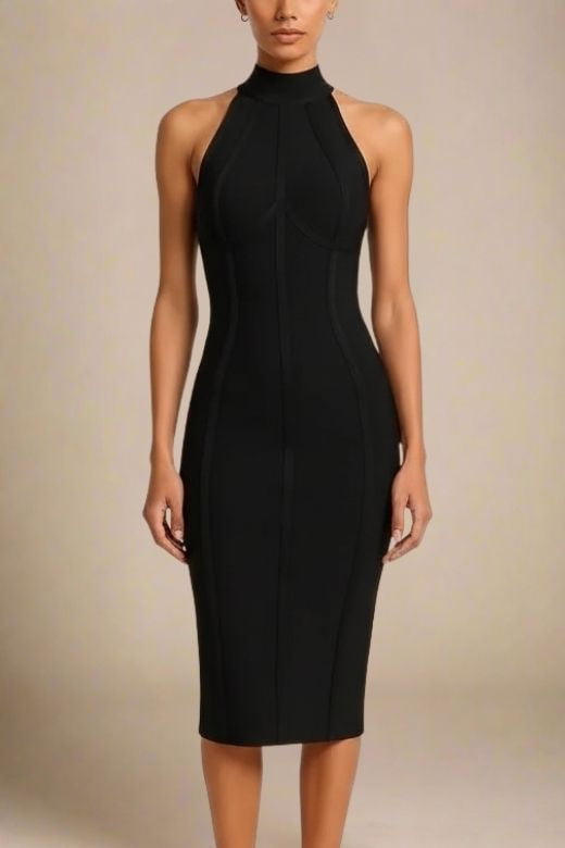 Woman wearing a figure flattering Lea Bandage Midi Dress - Classic Black Bodycon Collection
