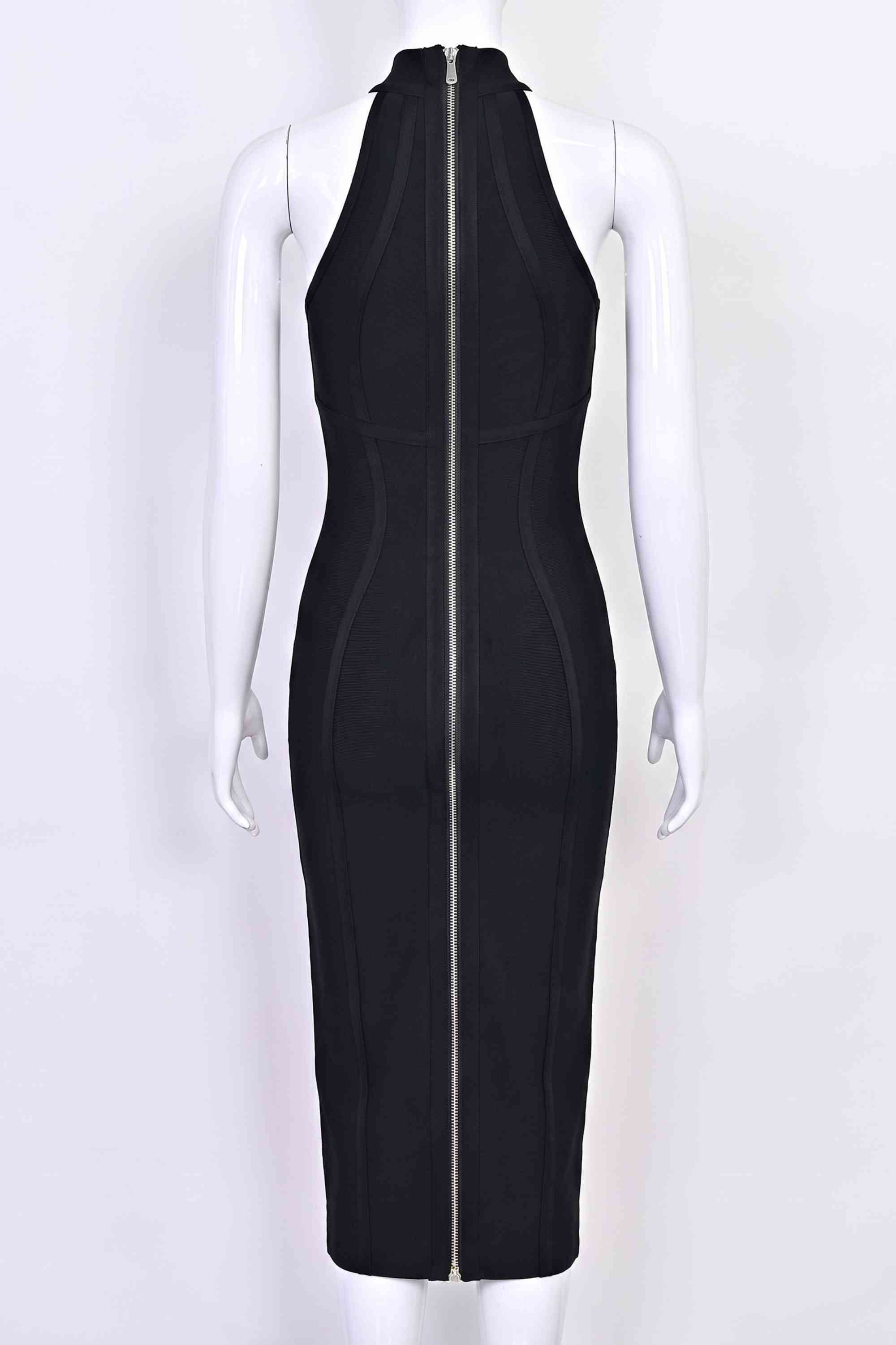 Woman wearing a figure flattering Lea Bandage Midi Dress - Classic Black Bodycon Collection