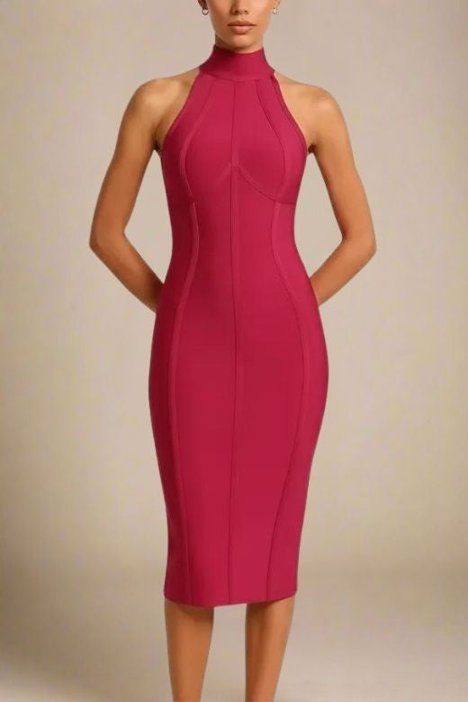 Woman wearing a figure flattering Lea Bandage Midi Dress - Red Wine Bodycon Collection