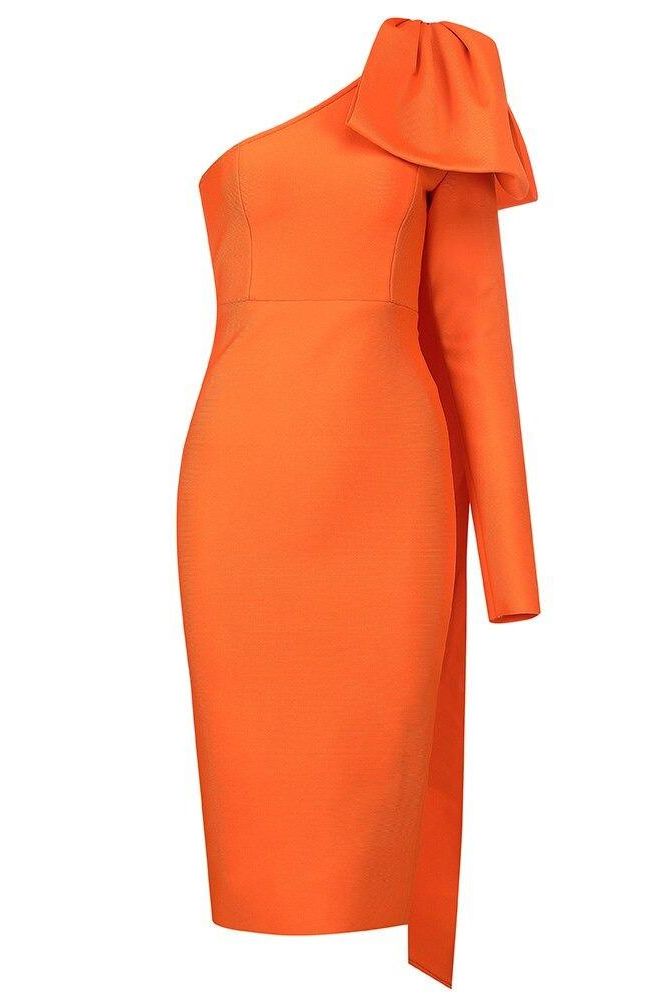 Woman wearing a figure flattering Lela Long Sleeve Bandage Midi Dress - Apricot Orange BODYCON COLLECTION