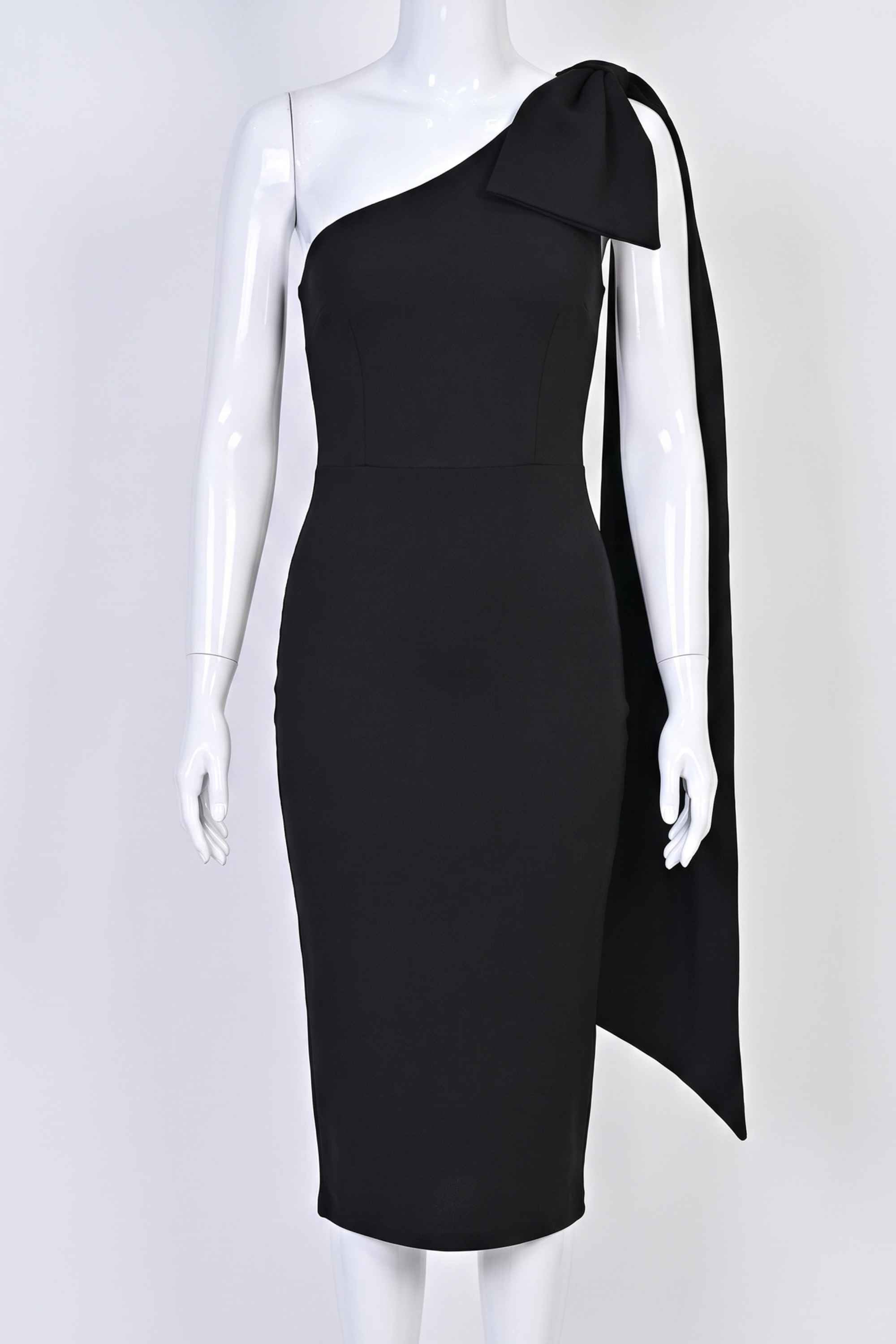 Woman wearing a figure flattering Lela Long Sleeve Bandage Midi Dress - Classic Black BODYCON COLLECTION