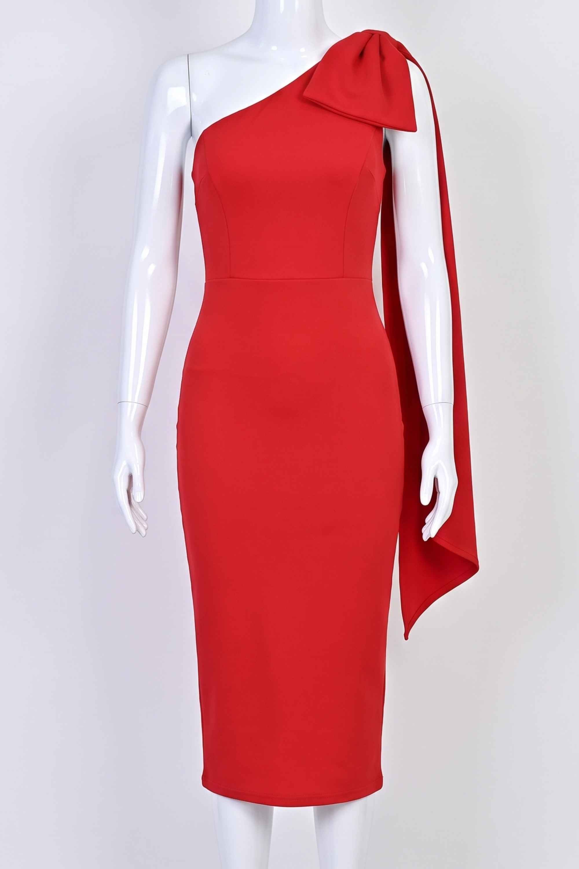 Woman wearing a figure flattering Lela Long Sleeve Bandage Midi Dress - Lipstick Red BODYCON COLLECTION