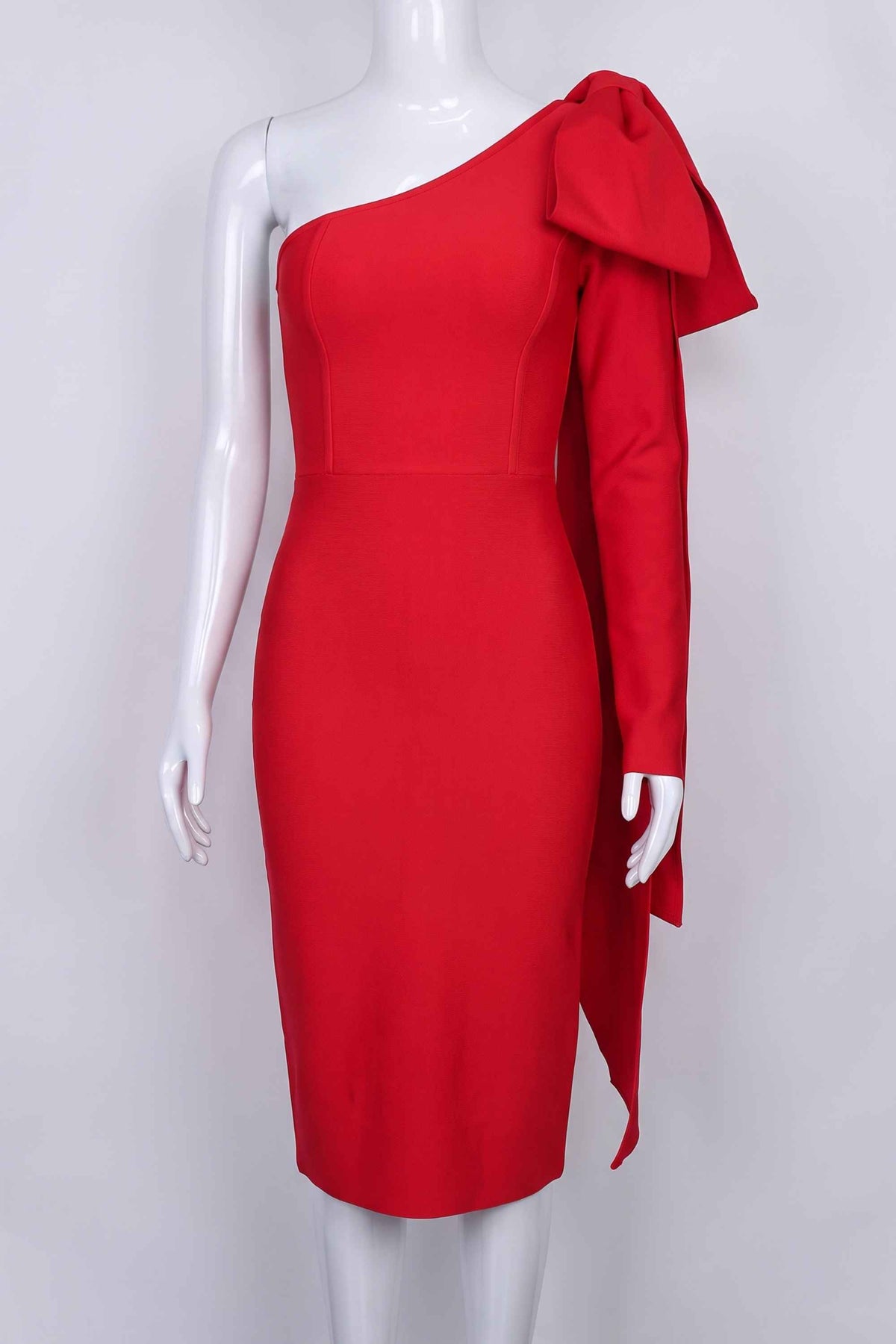 Woman wearing a figure flattering Lela Long Sleeve Bandage Midi Dress - Lipstick Red BODYCON COLLECTION