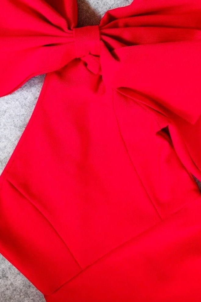 Woman wearing a figure flattering Lela Long Sleeve Bandage Midi Dress - Lipstick Red BODYCON COLLECTION
