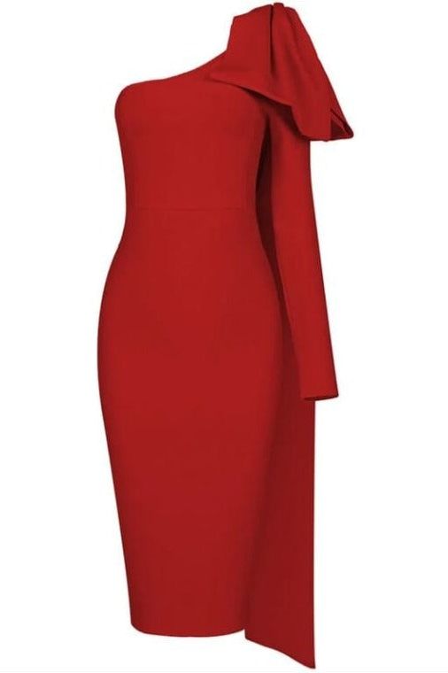 Woman wearing a figure flattering Lela Long Sleeve Bandage Midi Dress - Lipstick Red BODYCON COLLECTION