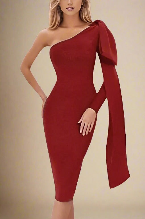 Woman wearing a figure flattering Lela Long Sleeve Bandage Midi Dress - Lipstick Red BODYCON COLLECTION