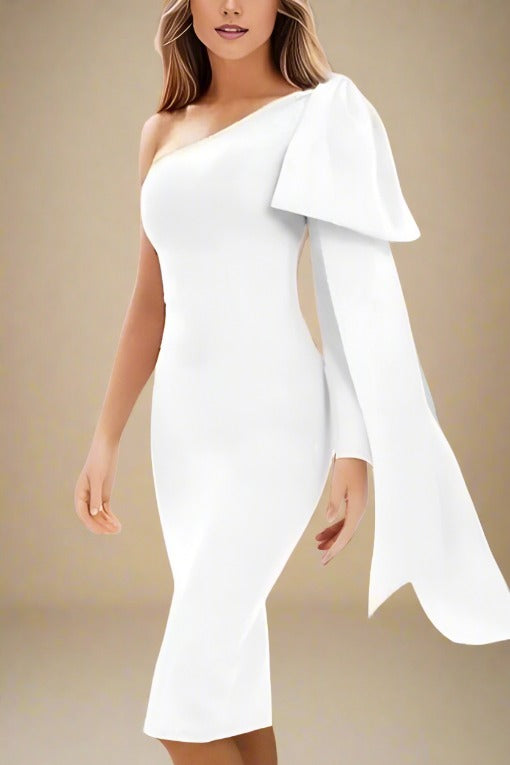 Woman wearing a figure flattering Lela Long Sleeve Bandage Midi Dress - Pearl White BODYCON COLLECTION