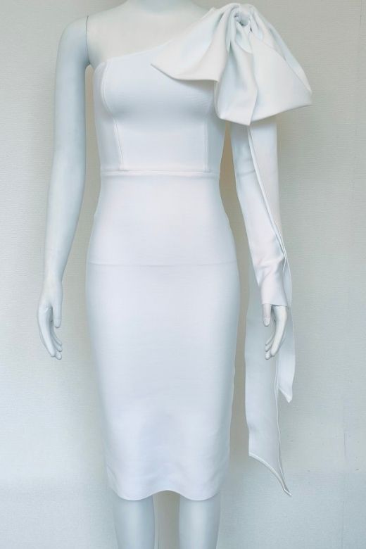 Woman wearing a figure flattering Lela Long Sleeve Bandage Midi Dress - White Pearl BODYCON COLLECTION