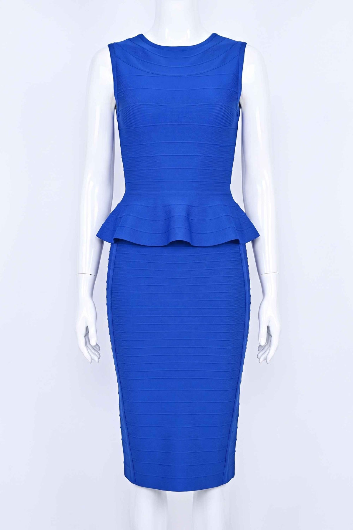 Woman wearing a figure flattering Leni Bandage Top and Knee Length Skirt Set - Royal Blue BODYCON COLLECTION