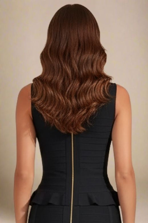 Woman wearing a figure flattering Leni Bandage Top - Classic Black BODYCON COLLECTION