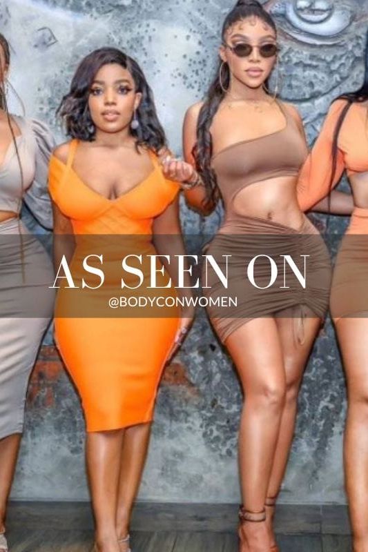 Woman wearing a figure flattering Leo Bandage Midi Dress - Apricot Orange Bodycon Collection