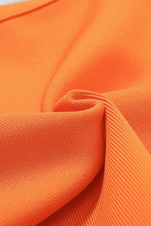 Woman wearing a figure flattering Leo Bandage Midi Dress - Apricot Orange Bodycon Collection