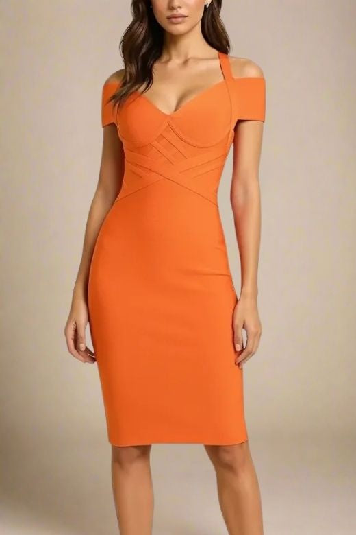Woman wearing a figure flattering Leo Bandage Midi Dress - Apricot Orange Bodycon Collection