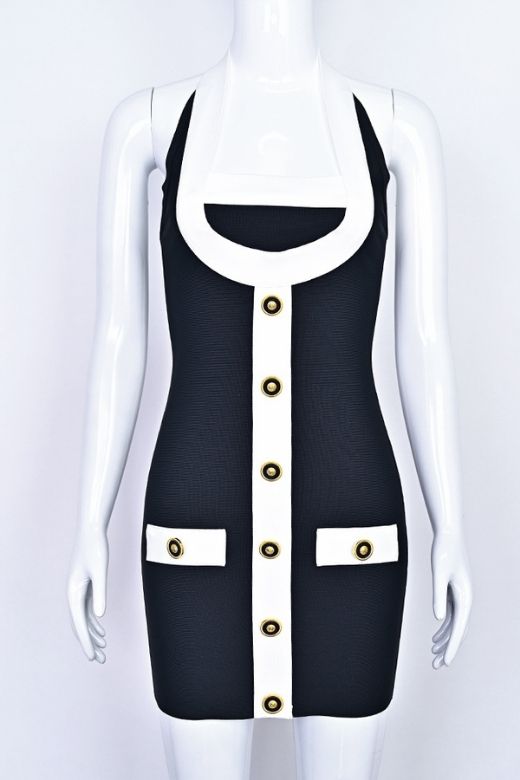 Woman wearing a figure flattering Leone Bandage Mini Dress - Classic Black BODYCON COLLECTION Pty Ltd