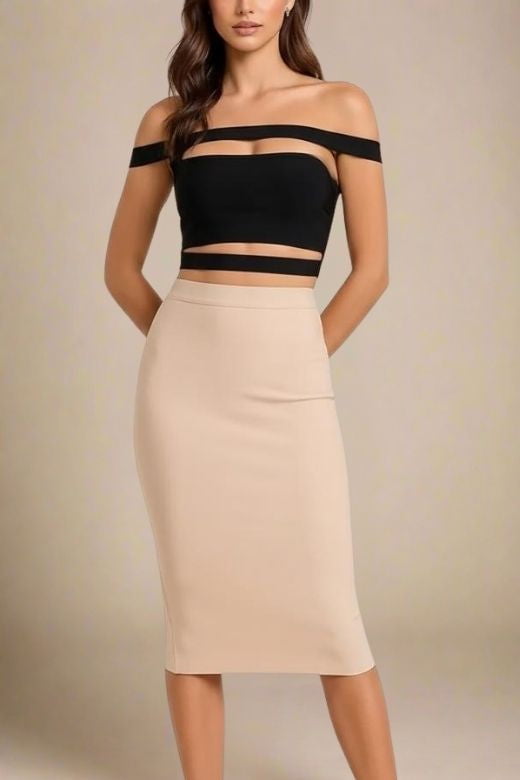 Woman wearing a figure flattering Lexia Bandage Top and Midi Skirt Set - Classic Black BODYCON COLLECTION