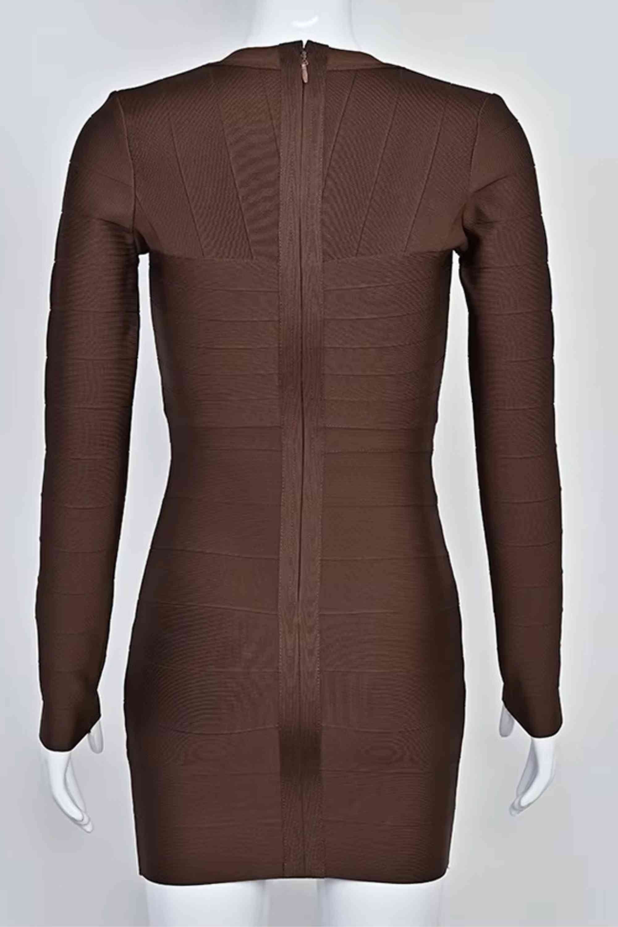 Woman wearing a figure flattering Lisa Long Sleeve Bandage Mini Dress - Chocolate Brown BODYCON COLLECTION Pty Ltd