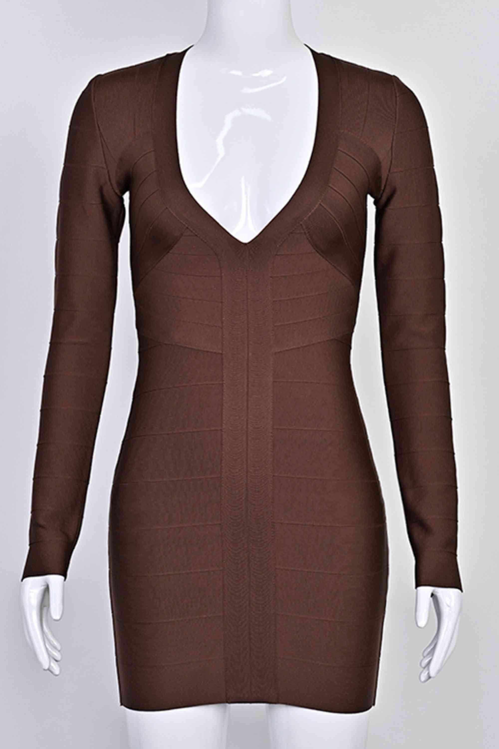 Woman wearing a figure flattering Lisa Long Sleeve Bandage Mini Dress - Chocolate Brown BODYCON COLLECTION Pty Ltd