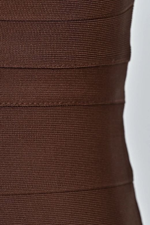 Woman wearing a figure flattering Lisa Long Sleeve Bandage Mini Dress - Chocolate Brown BODYCON COLLECTION Pty Ltd