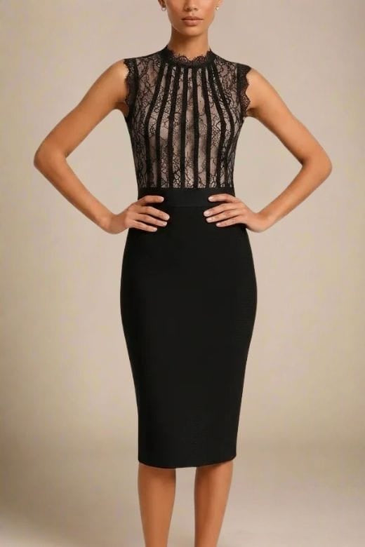 Woman wearing a figure flattering Lori Bodycon Dress - Classic Black BODYCON COLLECTION Pty Ltd