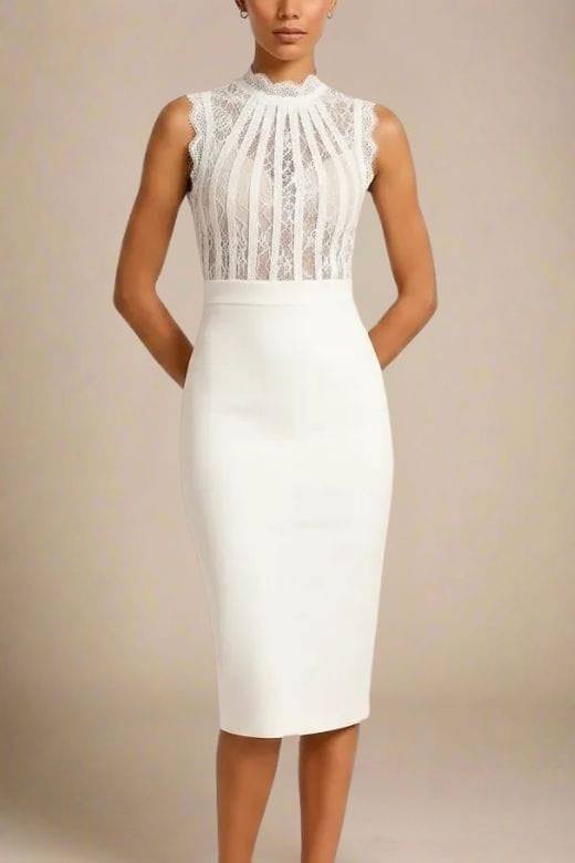 Woman wearing a figure flattering Lori Bodycon Dress - White Pearl BODYCON COLLECTION Pty Ltd