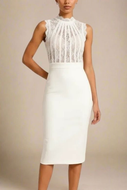 Woman wearing a figure flattering Lori Bodycon Dress - White Pearl BODYCON COLLECTION Pty Ltd