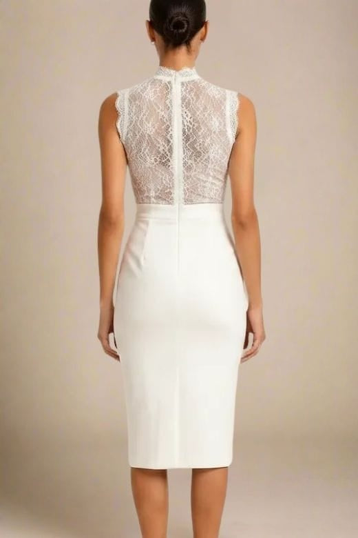 Woman wearing a figure flattering Lori Bodycon Dress - White Pearl BODYCON COLLECTION Pty Ltd