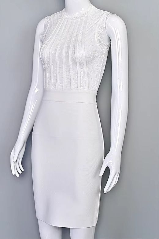 Woman wearing a figure flattering Lori Bodycon Dress - White Pearl BODYCON COLLECTION Pty Ltd