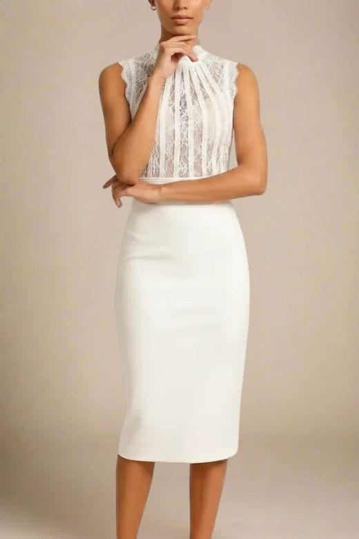 Woman wearing a figure flattering Lori Bodycon Dress - White Pearl BODYCON COLLECTION Pty Ltd