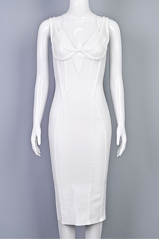 Woman wearing a figure flattering Lucy Bandage Midi Dress - White Pearl BODYCON COLLECTION