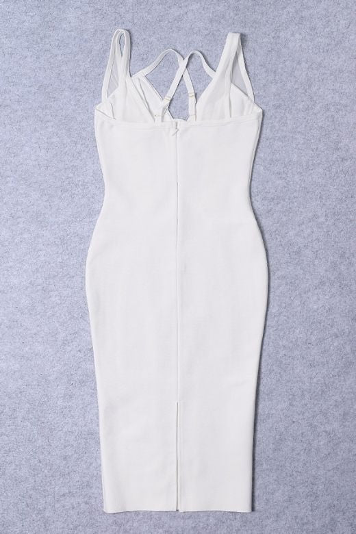 Woman wearing a figure flattering Lucy Bandage Midi Dress - White Pearl BODYCON COLLECTION