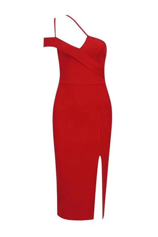 Woman wearing a figure flattering  Luna Bodycon Dress - Lipstick Red Bodycon Collection