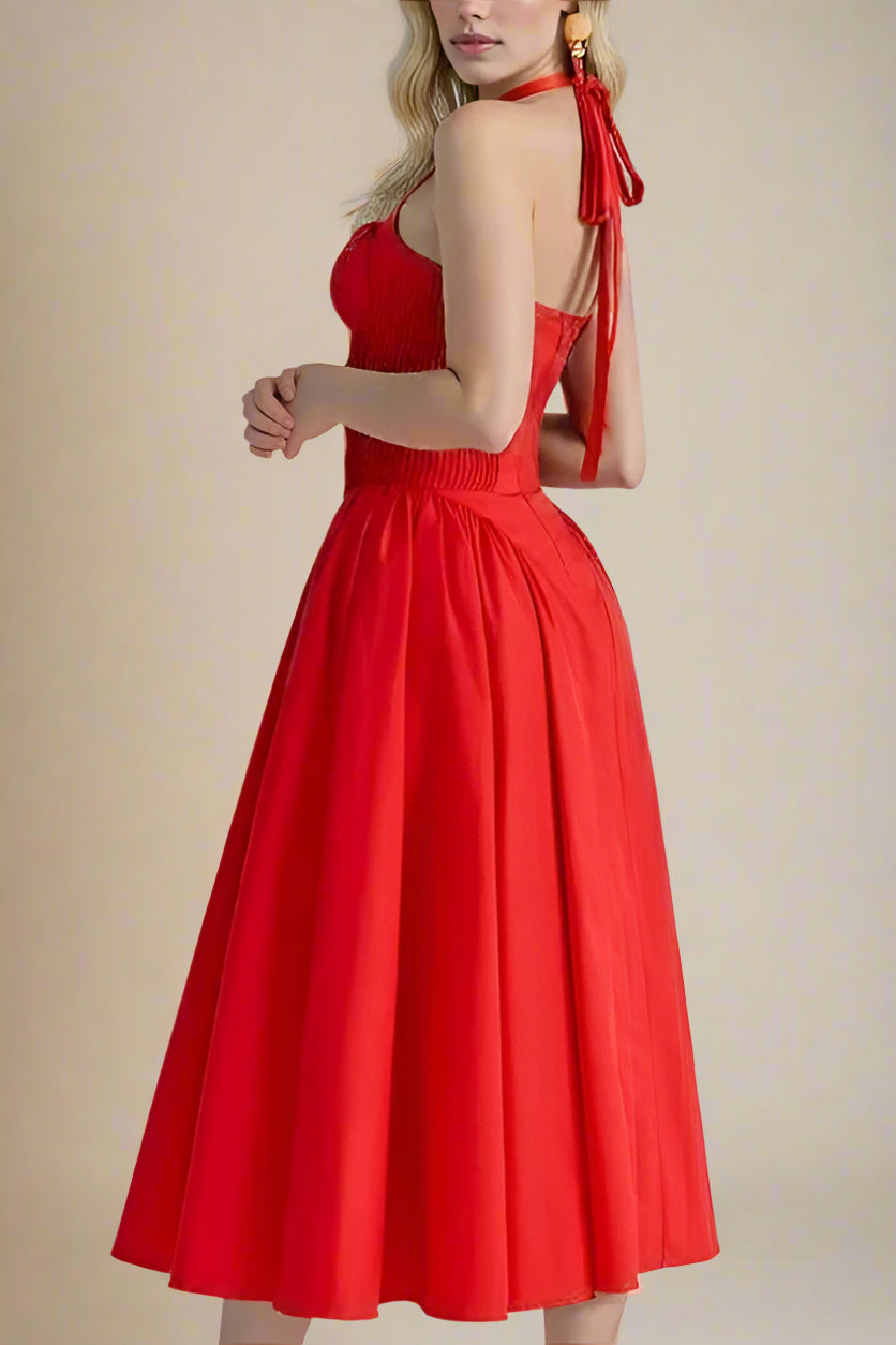 Woman wearing a figure flattering Lynsie Bodycon Midi Dress - Lipstick Red BODYCON COLLECTION
