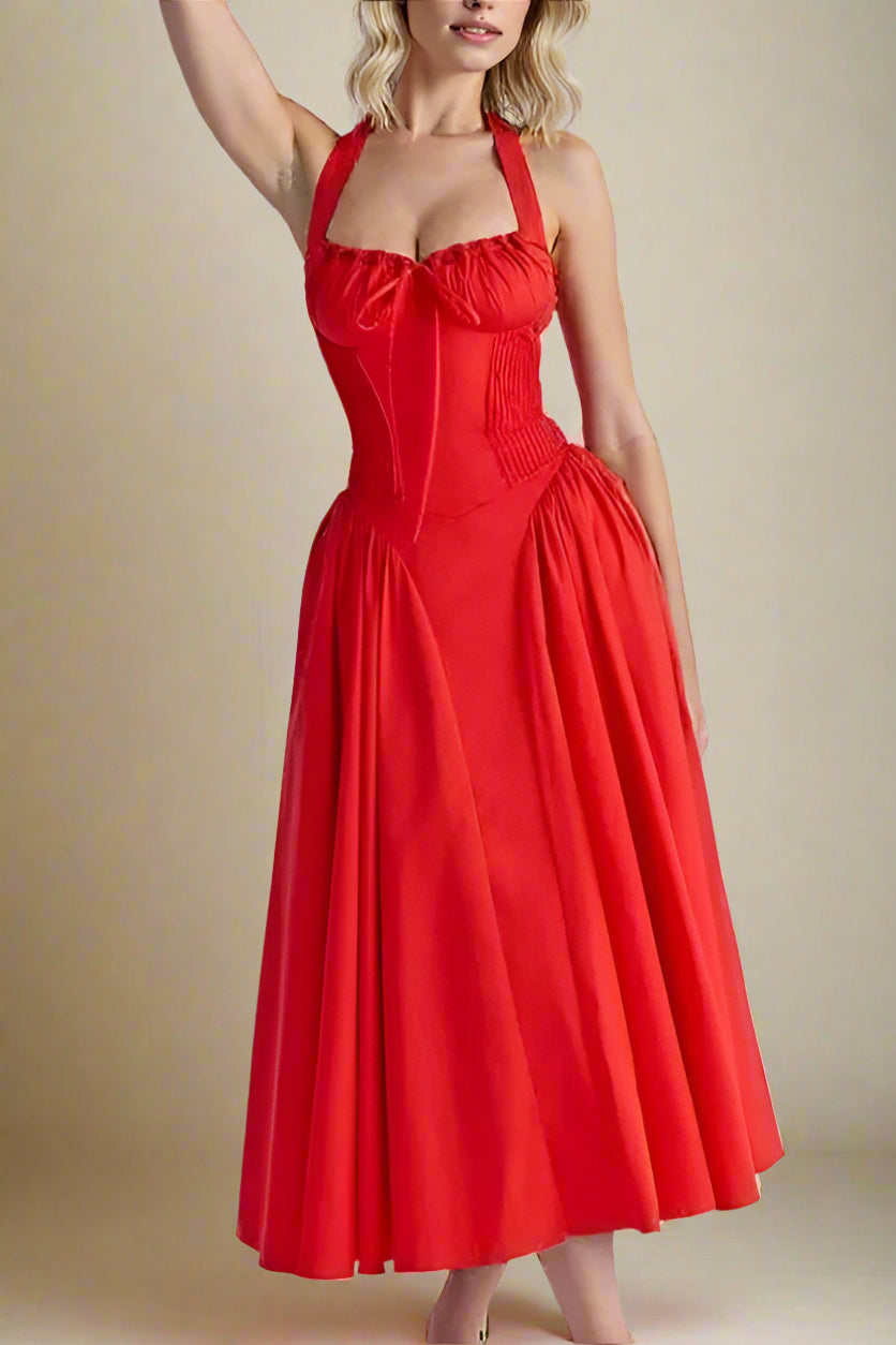 Woman wearing a figure flattering Lynsie Bodycon Midi Dress - Lipstick Red BODYCON COLLECTION