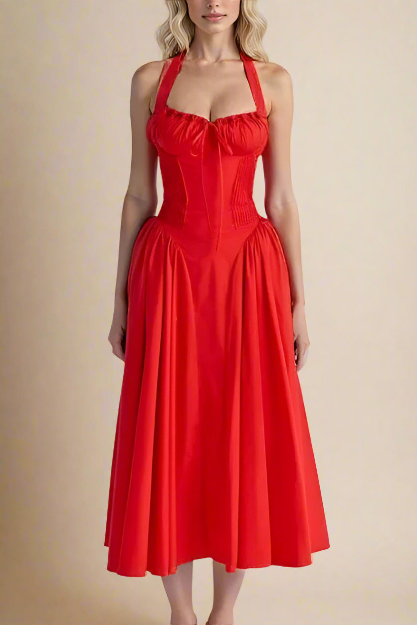 Woman wearing a figure flattering Lynsie Bodycon Midi Dress - Lipstick Red BODYCON COLLECTION