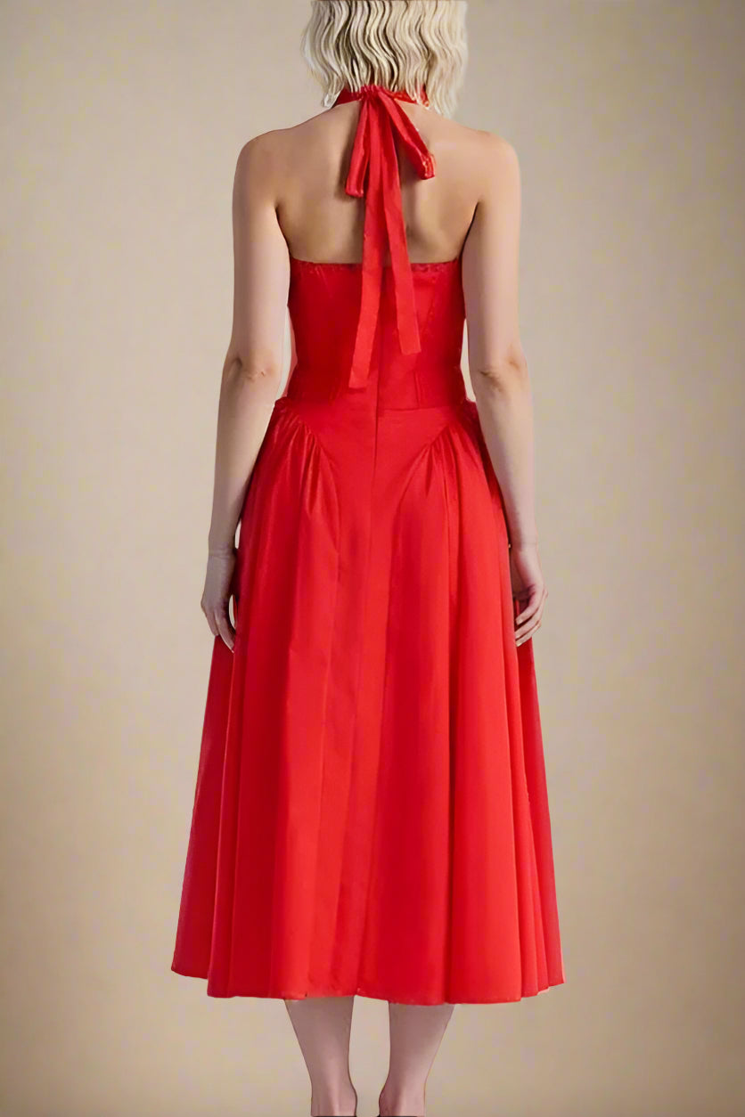 Woman wearing a figure flattering Lynsie Bodycon Midi Dress - Lipstick Red BODYCON COLLECTION